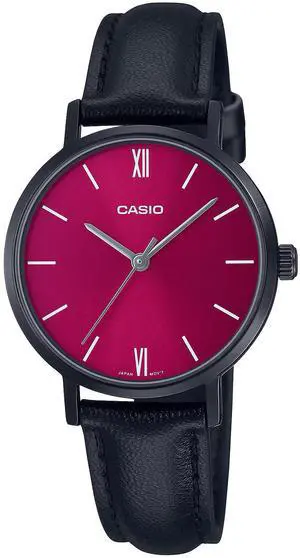 Casio LTP-VT02BL-4A Women's Analog Quartz Watch  Pink Sunray Dial, Roman Numerals, Black Leather Strap, 30M Water Resistant, Slim Stainless Steel Case, 3-Year Battery Life