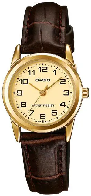 Casio LTP-V001GL-9BA Womens Analog Quartz Watch  Gold-Tone Case, Champagne Dial, Black Leather Strap, 30M Water Resistant, Classic Roman Numerals, Slim & Elegant Design