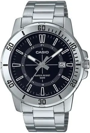 Casio MTP-VD01D-1CV Men's Analog Watch  Stainless Steel Band, Black Dial, Date Display, 50M Water Resistant, Quartz Movement, Classic Sport Design