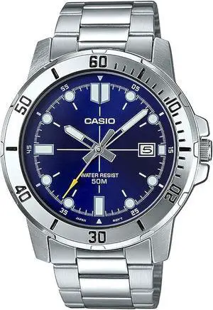 Casio MTP-VD01D-2EV Men's Enticer Analog Quartz Watch  Blue Dial, Stainless Steel Band, Date Display, 50M Water Resistant