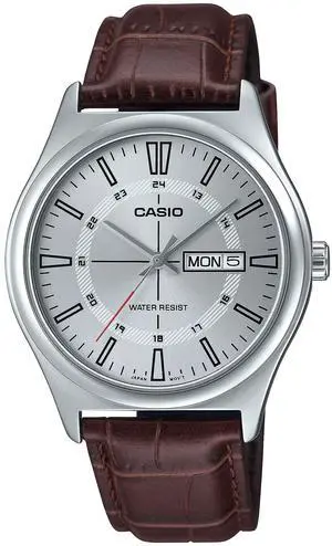 Casio Mens MTP-V006L-7C Analog Classic Leather Strap Watch, Silver Dial, Day-Date Display