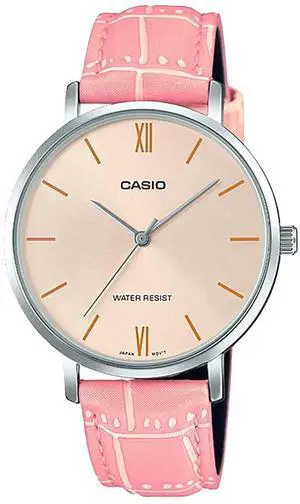 Casio Womens LTPVT01L4B Analog Dress Watch  Cream Dial, Pink Leather Strap, Slim Stainless Steel Case