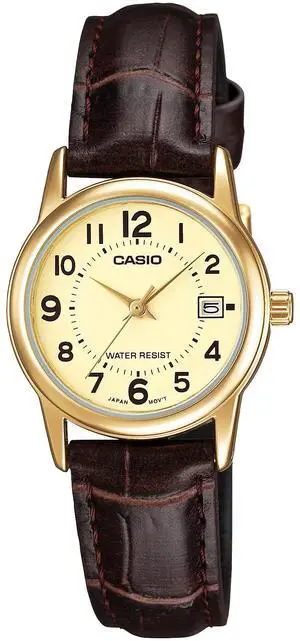 Casio LTP-V002GL-9B Women's Analog Watch  Gold-Tone Case, Brown Leather Band, Easy-Reader Dial