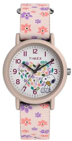 Timex x Peanuts TW2W33400 Floral 34mm Pink Resin Case Analog Quartz Watch with Floral SlipThru Fabric Strap