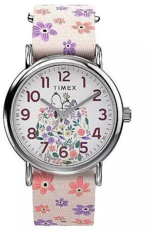 Timex x Peanuts Snoopy 34mm Quartz Watch with White Dial & Pink Slip-Thru Fabric Strap  Model TW2W33200