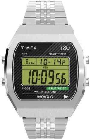 Timex T80 Steel 36mm Digital Quartz Watch  Stainless Steel Case & Bracelet, Stopwatch, Alarm, Countdown Timer, INDIGLO® Backlight, 30M Water Resistant  Model TW2V74200