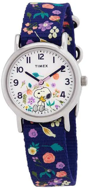 Timex Women's Peanuts Weekender Casual Watch  31mm Silver-Tone Case, Floral Snoopy & Woodstock Motif, Blue Fabric Strap  Model TW2V45900