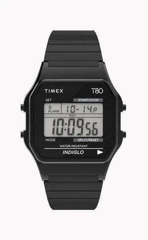 Timex T80 34mm Digital Watch  Black Dial, Stainless Steel Expansion Band, Quartz Movement, INDIGLO® Backlight  Model TW2R67000
