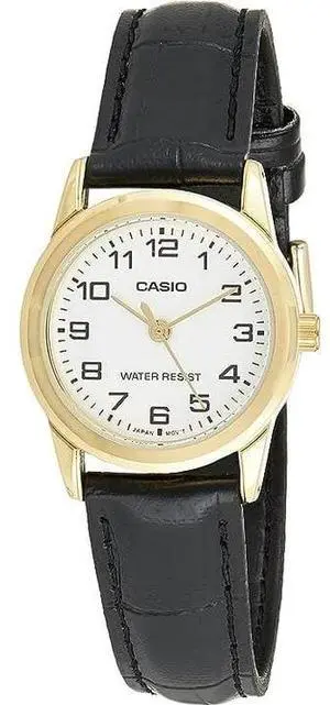 Casio LTP-V001GL-7B Women's Analog Watch  Gold-Tone Case, Black Leather Band, White Dial