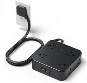Surge Protector Flat Plug Power Strip, Black Extension Cord, 8 AC Outlets, 3 USB Charger(1 USB C Port) 3 Side Outlet Extender, 5 Ft, 900 Joules Protection, Office Supplies, Dorm Essentials