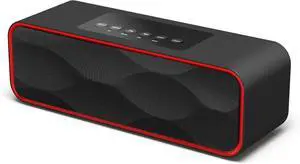 Portable Wireless Bluetooth Stereo Speaker with Powerful Sound 10W Acoustic Drivers Built-in Mic FM Radio Micro SD Card USB AUX-in Slot for Smartphone, PC, MP3 and More DY22-Black/Red