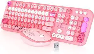 Wireless Keyboard and Mouse,104 Round Keys Lovely Full-Size Cute Colorful Keyboard and Mouse with Retro Typewriter for PC/Mac/Laptop/Tablet/Computer/Windows Pink