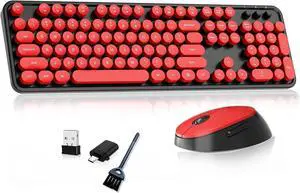 Wireless Keyboard and Mouse, Retro Typewriter Keyboard with Round Keycaps, Full-Size Ergonomic, Ideal for Windows PC, Home, Office, and College Black and Red
