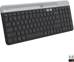 Multi-Device Slim Wireless Keyboard, Built-in Cradle for Device; for Laptop, Tablet, Desktop, Smartphone, Win/Mac, Bluetooth/Receiver, Compact, Easy Switch, 24 Month Battery - Graphite