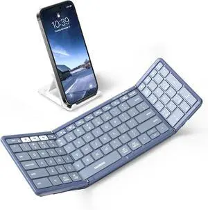 Foldable Bluetooth Keyboard with Numeric Keypad, Full-Size Wireless Folding PU Leather, Portable Travel for iOS Android Windows Mac OS, Support 3 Device(BT5.1 x 3) Blue