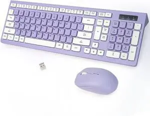 Wireless Keyboard and Mouse Combo, Full-Sized Wireless Keyboard and Adjustable DPI Mouse for PC, Windows, Desktop, Laptop, 2.4GHz USB Receiver, Purple