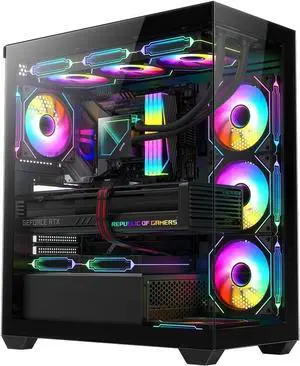 Tower PC Case, Spacious High-Airflow Gaming Case with 4 x 120mm PWM ARGB Fans, USB 3.0 & Type-C Ports, Tempered Glass, Large Capacity Computer Case - Black