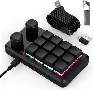 Macro Pad Macro Keyboard Programmable Keypad Customized 12-Key Mini Mechanical Gaming Keyboard One Handed Keyboard RGB OSU Micro Keyboard Macropad Knob Wireless Receiver&Type C 1m Cable(Black)