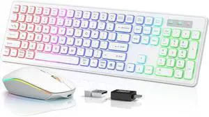 Wireless Keyboard and Mouse - RGB Backlit, Rechargeable & Light Up Letters, Full-Size, Ergonomic Tilt Angle, Sleep Mode, 2.4GHz Quiet Keyboard Mouse for Mac, Windows, Laptop, PC, (White)