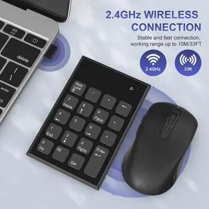 Wireless Number Pad and Mouse Combo 2.4G 19 Keys USB Wireless Numeric Keypad - 3 Adjustable Silent Mouse DPI 800/1200/1600, Number Keypad for Laptop/Notebook/Desktop/PC Computer, with USB Receiver
