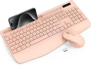 Wireless Keyboard and Mouse Combo - Full-Sized Ergonomic Keyboard with Wrist Rest, Phone Holder, Sleep Mode, Silent 2.4GHz Cordless Keyboards Mice Set for Computer, Laptop, PC, Windows (Pink)