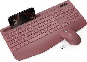 Wireless Keyboard and Mouse Combo - Full-Sized Ergonomic Keyboard with Wrist Rest, Phone Holder, Sleep Mode, Silent 2.4GHz Cordless Keyboard Mouse Combo for Computer, Laptop, PC, Mac