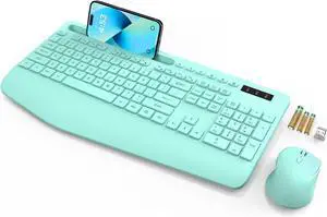 Wireless Keyboard and Mouse, Wrist Rest, Phone Holder, Batteries Included, 2.4G Lag-Free Ergonomic Keyboards Mouse Combo, Silent Keyboard Cordless Set for PC, Laptop, PC, Windows, Mint Green
