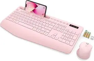 Wireless Keyboard and Mouse, Wrist Rest, Phone Holder, Batteries Included, 2.4G Lag-Free Ergonomic Keyboards Mouse Combo, Silent Keyboard Cordless Set for Computer, Laptop, PC, Windows, Pink
