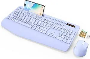 Wireless Keyboard and Mouse, Wrist Rest, Phone Holder, Batteries Included, 2.4G Lag-Free Ergonomic Keyboards Mouse Combo, Silent Keyboard Cordless Set for Computer, Laptop, PC, Windows, Purple