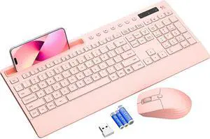 Pink Keyboard and Mouse Wireless, 2.4G Lag-Free Cute Keyboard Combo with Ergonomic Wrist Rest, Phone Holder & Batteries Included, Cordless Silent Key Board Set for Computer, PC, Windows