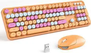 Wireless Keyboard and Mouse Combo, Orange Retro Keyboard with Round Keycaps, 2.4GHz Dropout-Free Connection, Cute Mouse for PC/Laptop/Mac/Windows XP/7/8/10 (Orange-Colorful)