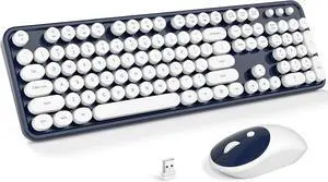 Wireless Keyboard and Mouse Combo, Computer Full Size 2.4G Plug and Play Wireless Typewriter Retro Round Keyboard and Mouse Set for Windows, Computer, Desktop, PC, Notebook - (Dark Blue)