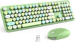 Wireless Keyboard and Mouse Combo, 2.4GHz Retro Full Size Typewriter Keyboard with Number Pad & Wireless Mouse for Laptop, PC, Desktop, Mac, Windows - Green Colorful