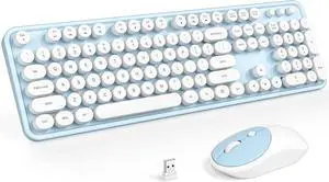 Wireless Keyboard and Mouse Combo, Computer Full Size 2.4G Plug and Play Wireless Typewriter Retro Round Keyboard and Mouse Set for Windows, Computer, Desktop, PC, Notebook - (Light Blue)