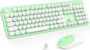 Wireless Keyboard and Mouse Combo, Computer Full Size 2.4G Plug and Play Wireless Typewriter Retro Round Keyboard and Mouse Set for Windows, Computer, Desktop, PC, Notebook - (Light Green)