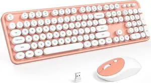 Wireless Keyboard and Mouse Combo, Computer Full Size 2.4G Plug and Play Wireless Typewriter Retro Round Keyboard and Mouse Set for Windows, Computer, Desktop, PC, Notebook - (Light Orange)