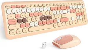 Wireless Keyboard Mouse Combo, Colorful Compact Full Size Wireless Keyboard and Mouse Set 2.4G Ultra-Thin Sleek Design for Windows, Computer, Desktop, PC, Notebook- Milk Tea Colorful
