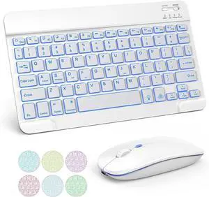 Bluetooth Keyboard and Mouse Combo for iPad, 7-Color Backlit Rechargeable Wireless Keyboard & Mouse Compatible with iPad 10th/9th/8th Gen, iPad Pro/Air/Mini and ipadOS 13 and Above (White Grey)