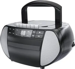 Portable Top-Loading CD Boombox with AM/FM Stereo Radio and Cassette Player/Recorder in Black | Cassette Player/Recorder | LED Display (Black/Gray)