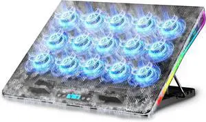 Gaming Laptop Cooling Pad with 15 Cooler Fans, RGB Ultimate Computer Stand Base with Silent Fans for 15-18 Inch Laptops, Blue LED Lights