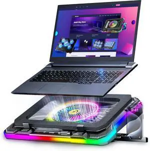 Gaming Laptop Cooling Pad with Full RGB Lights, Powerful Cooler Fan Stand for 15-19 inch Gamer Heavy Duty Laptops and PC Computers