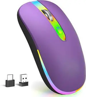 LED Wireless Mouse - Slim, Silent, Rechargeable, 2.4G Portable USB with Type C Adapter, 3 Adjustable DPI Levels 1600/1200/800 for Laptop, PC, MacBook (Purple)
