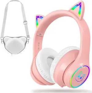 Bluetooth 5.4 Kids Headphones with Case - RGB LED Light Up Cat Ears Foldable Adjustable Over Ear Headphone Support Wireless or 3.5mm Wired Mode for Toddler & Girls & Boys Teens