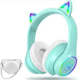 Bluetooth 5.4 Kids Headphones with Case - RGB LED Light Up Cat Ears Foldable Adjustable Over Ear Headphone Support Wireless or 3.5mm Wired Mode for Toddler & Girls & Boys Teens