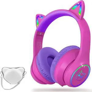 Bluetooth 5.4 Kids Headphones with Case - RGB LED Light Up Cat Ears Foldable Adjustable Over Ear Headphone Support Wireless or 3.5mm Wired Mode for Toddler & Girls & Boys Teens