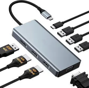 USB C Docking Station Dual Monitor Adapter, 8 in 1 Laptop Docking Station 3 Monitors Quadruple Display USB C Hub Dongle to 4K HDMI+DP+VGA