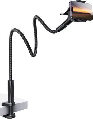 Gooseneck Phone Holder Bed - [Nylon Braided] Flexible Arm, 38inch Overall Length, 360 Adjustable Clamp Clip, Overhead Cell Phone Mount Stand for Bed, Desk, 4-7 Cellphone