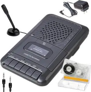 Portable Cassette Player Tape Recorder. Record to Cassettes via Mic or Aux in. Built-in Speaker to Listen. Includes External Mic, Aux in Cable and AC Adapter