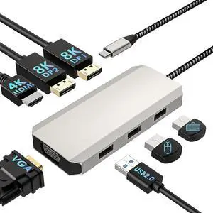 USB C Docking Station Dual DP Monitor, Displayport Docking Station with Dual DP, HDMI, VGA, USB2.0 Ports, Windows System Computer