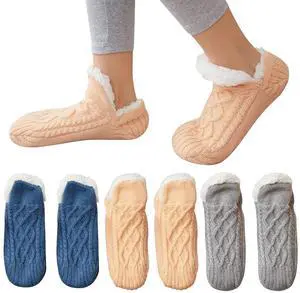 3 Pairs Mass-Flex New Woven and Velvet Indoor Slipper Socks for Women, Various Sizes, and Colors, Cute Non Slip (Blue, Khaki, Grey,3.5-4)